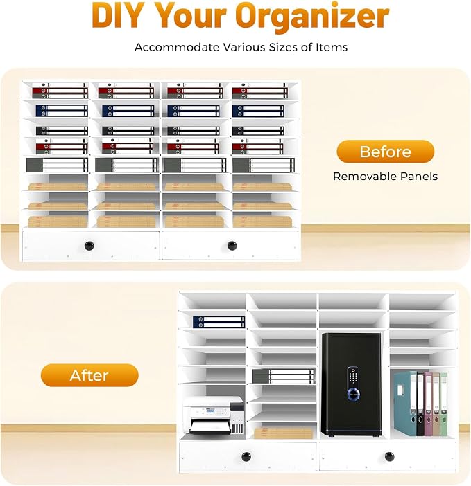 Literature Organizers, 32 Slots Compartment Adjustable File Sorter Mail Center Magazine Holder with 2 Drawer, Mail Organizer Letter Sorter for Counter, Paper Storage Cabinet Classroom Keepers - Image 4