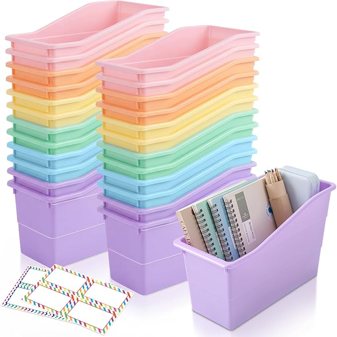 Blosssound 24 Set Book Bins for Classroom with Label Sticker Book Box Baskets Plastic Stackable Organizing Bins Storage & Organization for Classroom Library Home School Supplies (Pastel) by Blosssound