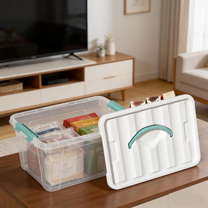 8-Pack Stackable Clear Storage Bins with Lids, 14-Qt Storage Box | Plastic Organizer Boxes with Buckle-Up Latches and Handle, Under Bed Closet Storage Containers - Image 5