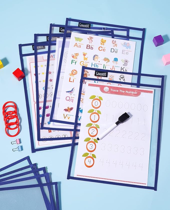 GAMENOTE 30 Pack Dry Erase Pockets, 10x14 Reusable Sleeves, Blue | 30 reusable PVC pockets hold 8.5 x 11 and 9 x 12 sheets; double sided wipe clean surfaces, pen loops, eyelets, and 5 rings - Image 7