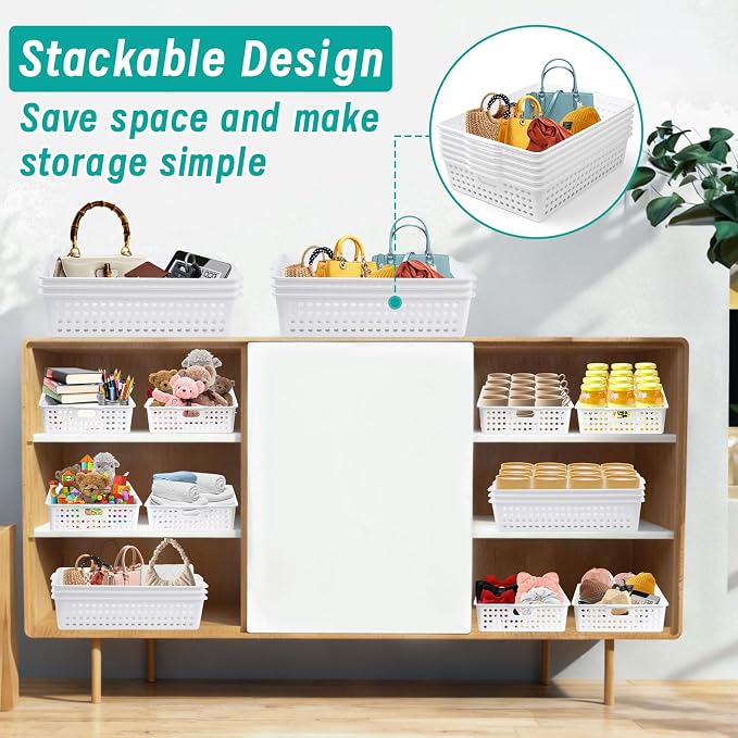 12 Pcs Plastic Storage Baskets Bulk 14 x 10 In Stackable Storage Bin with Handles A4 Size Desktop File Letter Organizer Tray Multi-purpose Container for Shelve Desktop Classroom Office Home Playroom - Image 5
