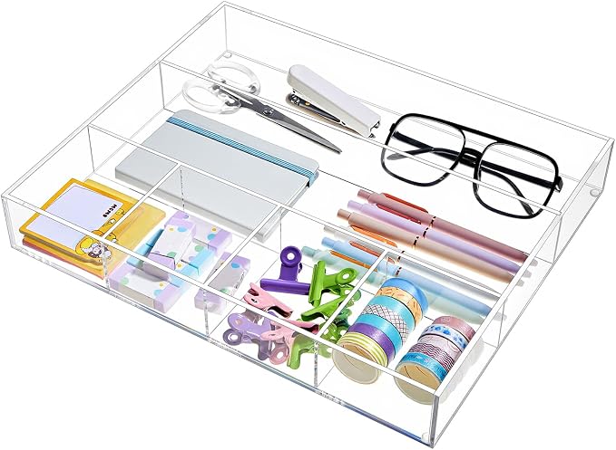Large Acrylic Desk Deep Drawer Organizer with Adjustable Dividers, Anti-skip Clear Desk Top Junk Drawer Storage Tray for Pens, Desktop, Office, Bathroom, Kitchen, Makeup Supplies(6 Compartments) by Briwooody