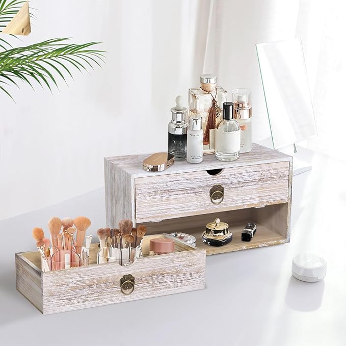 Wood Desk Organizer, Vintage Brown Wooden Desktop Organizer with Drawer, Tabletop Storage Organization Box for Countertop, Home Office Supplies, Bills, 13.3 x 6.5 x 7 Inches(2 Drawer) - Image 8
