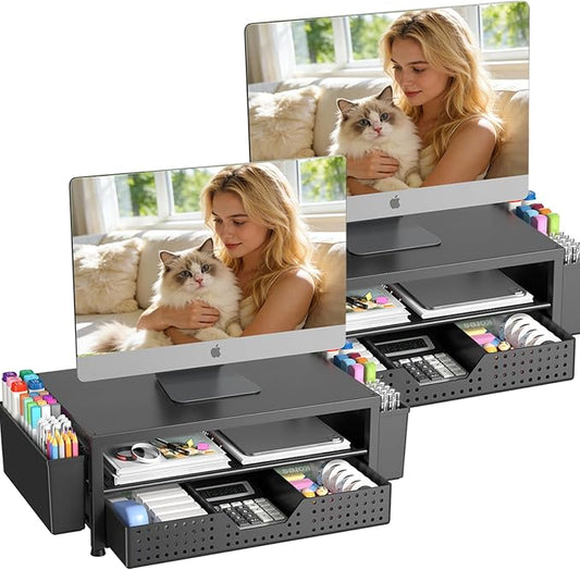 Desk Organizers and Accessories, Computer Monitor Stand Riser with Drawer and 2 Pen Holders, Printer & Laptop Stand, Office Desk Accessories & Workspace Organizers for Home Office Supplies, Black 2-Pack by OPNICE