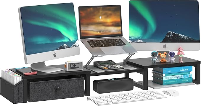 LAND·VOI Dual Monitor Stand with Drawer and Side Pockets, Monitor Riser for Desk, Home Office Desk Storage, Multi-Scenario Adaptation for Work and Entertainment, Black, HMS02BK by LAND%C2%B7VOI
