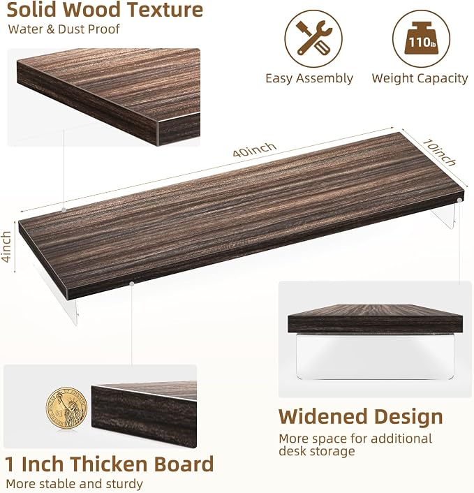 Dual Monitor Stand Riser, 40x10 in Wood & Acrylic Desktop Organizer Shelf | Computer Monitor Stand Riser With Wood & Acrylic Design; Fits 2 Monitors, Laptop, Printer And Desk Supplies For Office Use. - Image 3