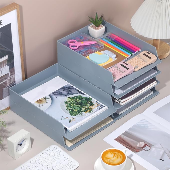 6 Pcs Stackable Paper Trays Rectangular Plastic Desk Holder Desktop Document File Organizer Storage Letter for Office Classroom (Gray) - Image 5