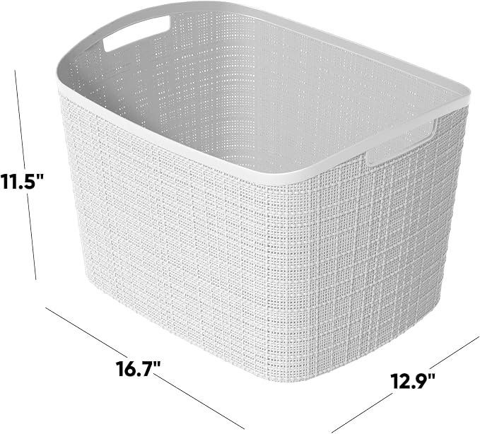 Curver Set of 2 XL 30.5L Jute Decorative Plastic Organization and Storage Baskets - Perfect Bins for Home Office, Closet Shelves, Kitchen Pantry and All Bedroom Essentials, White - Image 2