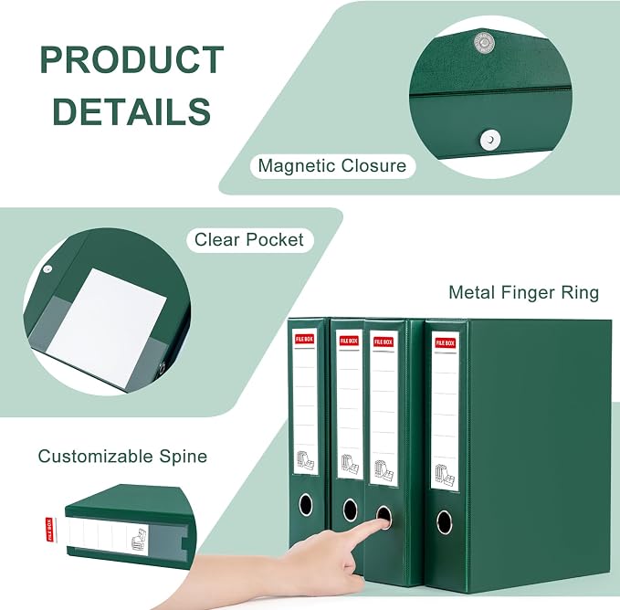Storage File Boxes 4 Pack, Foldable File Box with Clip, 88mm Spine, Green | Archives Cases with Magnetic Closure, Plastic Document File Organizer Storage - Image 3
