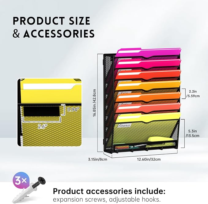 8-Tier Wall File Organizer with Base and Hooks, Hanging Organizer, Black | Wall Organizer and Wall File Holder with 8 Vertical Pockets and Bottom Tray for Files, Mail, Folders, Magazines and Paper - Image 7