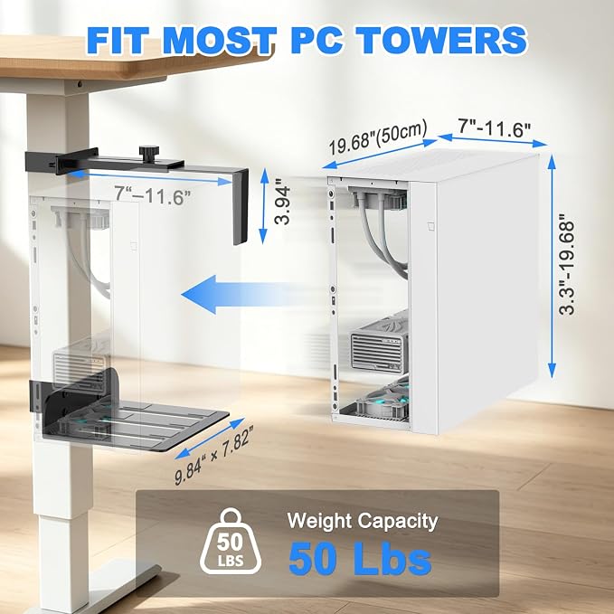 Under Desk PC Mount - Fits 3 Fixed Square Desk Legs, CPU Holder Under Desk | No Drilling 50 lb Capacity, Adjustable Clamp-on Desk Leg PC Mount for Standing Desk, with Non-Slip Pads, Black - Image 4