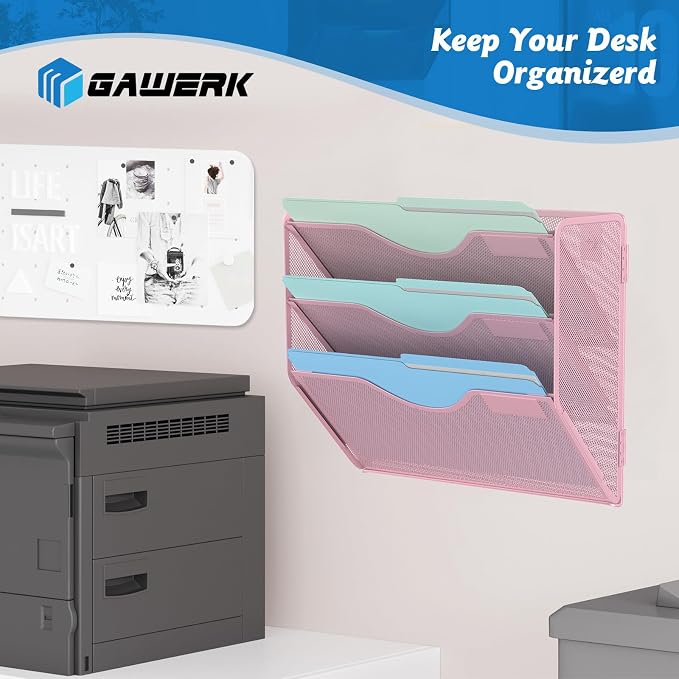Gawerk 3 Tier Hanging Wall File Organizer, Mesh Mail Paper Orgnization Hanging File Folder Holder for Home Office, Pink - Image 5