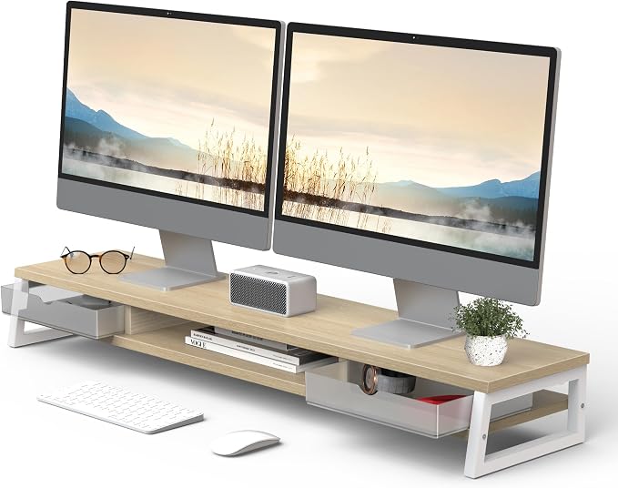 Fenge Dual Monitor Stand Riser, 42.5in Desk Shelf with 2 Drawers, Oak | 2-Tier Monitor Shelf for Desk, Storage Drawer with Stopper, Frosted, fit Home Office, Ultrawide Screen, PC, Laptop, TV by Fenge