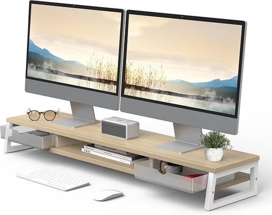 Fenge Dual Monitor Stand Riser, 42.5in Desk Shelf with 2 Drawers, Oak | 2-Tier Monitor Shelf for Desk, Storage Drawer with Stopper, Frosted, fit Home Office, Ultrawide Screen, PC, Laptop, TV by Fenge