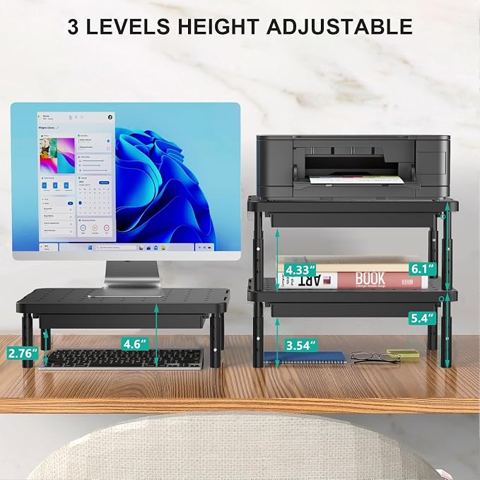 WALI Computer Monitor Stand with Storage, Monitor Riser 3 Height Adjustable | Laptop Riser with Airflow Vents, Desk Organizer for Computer, Printer, Notebook (PTT002-B), 1 Pack, Black - Image 3