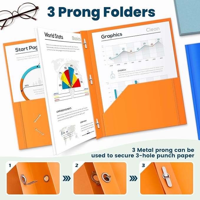 IJIGU 2 Pocket Folders with Prongs, Bulk 144 Pack, 6 Assorted Colors | 3-Prong Fasteners, Durable Heavy-Duty Plastic, Letter Size, Business Card Slot, for School Office and College Supplies - Image 4