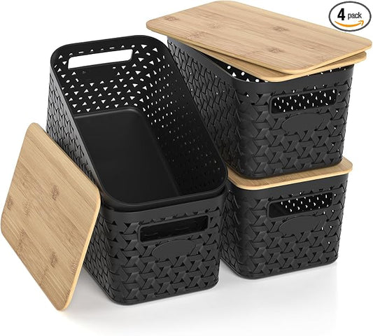 Plastic Storage Bins with Bamboo Lids, Stackable Small Box Baskets for Organizing and Containers for Shelves Drawers Desktop Closet Pantry Classroom Office Home, 4 Pack 12x7.3x6.2 Inch, Black by ZFTMRR