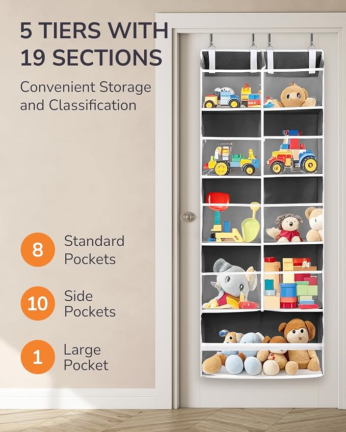 ULG Over the Door Organizer, 5-Tier Extra Large Hanging Storage with 10 Mesh Pockets, 100 lbs Capacity, Heavy Duty Door Organizer for Closet, Bedroom,Grey - Image 3