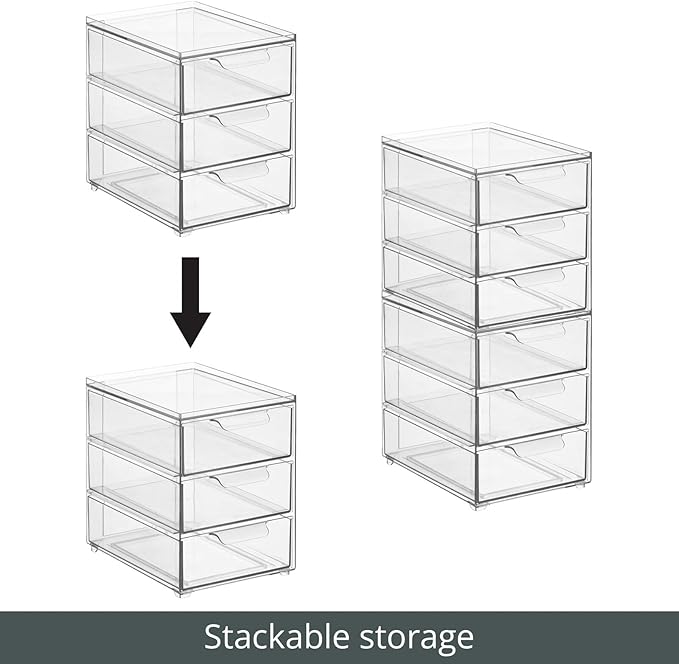 mDesign Plastic Stackable Organizer with 3 Drawers - Pull-Out Drawer Storage Bin for Bathroom Sink/Cabinet Organization - Perfect for Makeup, Small Towels, and More - Lumiere Collection, 2 Pack, Clear - Image 5