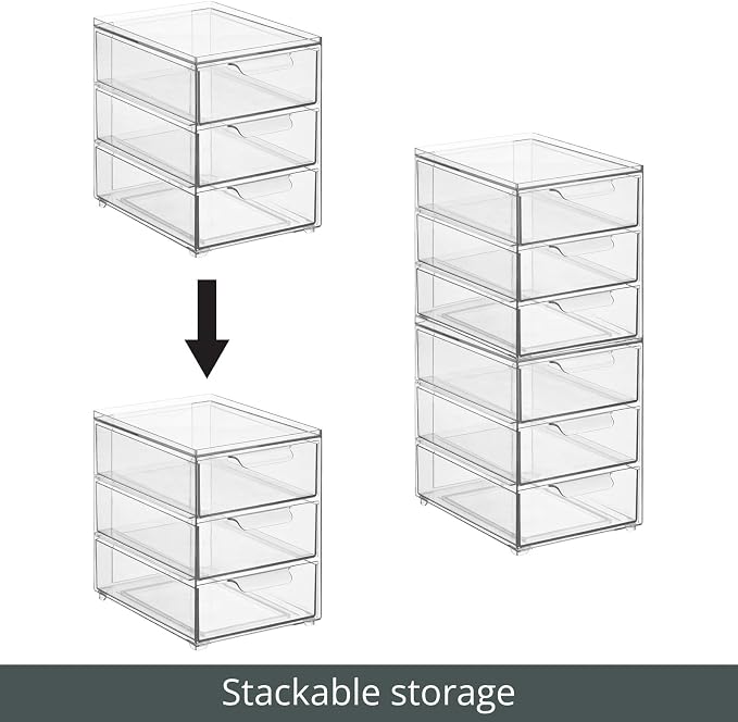 mDesign Plastic Stackable Organizer with 3 Drawers - Pull-Out Drawer Storage Bin for Bathroom Sink/Cabinet Organization - Perfect for Makeup, Small Towels, and More - Lumiere Collection, 4 Pack, Clear - Image 5
