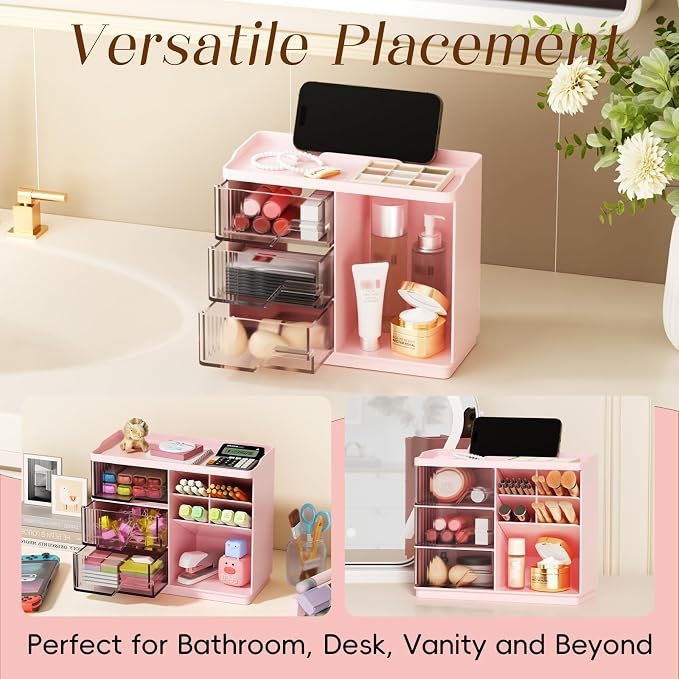 Small Makeup Organizer with Drawers, Stackable Bathroom Couneter Organizer with Phone Holder, Versatile Vanity Organizer Countertop, Cosmetic Organizer for Makeup Brush, Skin Care, Lotion -Pink,1Pack - Image 6