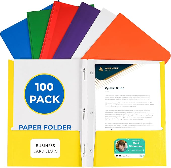 100 Pack Assorted Colors 2 Pocket Paper Folders. EPI Heavy Duty, Bulk Folders with Pockets, Prongs and Business Card Slots. Letter Size Document Organizers. Durable Portfolio for School, Office Files by EPI
