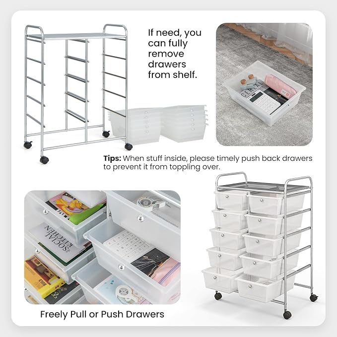 Moccha 10-Drawer Rolling Storage Cart - Under Desk Storage Drawers with wheels for Craft Art Supply Paper Salon, Scrapbook Paper Tools, Mobile Utility Cart for Classroom, Clear - Image 7