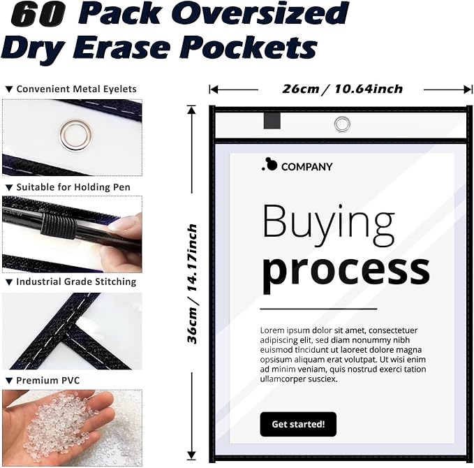 60 Packs Dry-Erase Pockets Bulk Oversized Reusable Dry Erase Pocket Sleeves with 4 Rings, 10x14 Black Ticket Holders, Clear Plastic Sheet Protectors, Teacher School Classroom Supplies - Image 2