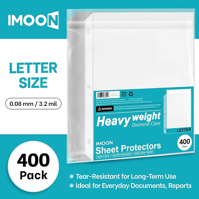 Heavyweight 3-Hole Letter Size Sheet Protectors - High Transparency Plastic Heavy Duty Sleeves for 3 Ring Binders, Archival Safe, Durable Page Protectors for Documents, 8.5x11 Inch (400 Pack) - Image 2
