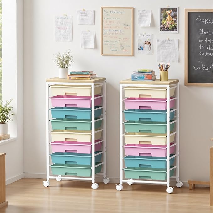 Rolling Cart with 8 Drawers, Plastic Drawer Storage Carts with Wheels & Wooden Tabletop, Metal Utility Cart Organizer for Bedroom Living Room Office Classroom Craft Organization and Storage, Colorful - Image 3