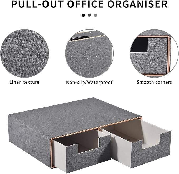 Linen Leather Desk Organizer with Drawers－Mini Desktop Drawer Organizer Stackable－Multifunctional Tabletop Organization Storage Box for Office Supplies Home Vanity Toiletries (Grey, 2-drawers) - Image 5