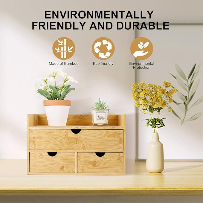 Charmewooden Bamboo Desk Organizer 3 Drawer with shelf, Countertop Organizer with Drawers Makeup Storage Drawer 3 Drawers Tabletop Storage Organization Box Home Office Workspace - Image 5