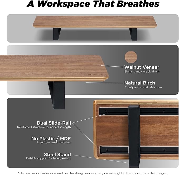 Moodular Wooden Monitor Stand Desk Organizer, Standard 33.4" Walnut | Customizable Organized Workspace, Aluminum Slide Rails, 10 Add-Ons Sold Separately: Storage Drawer, Tablet, Phone & More - Image 3