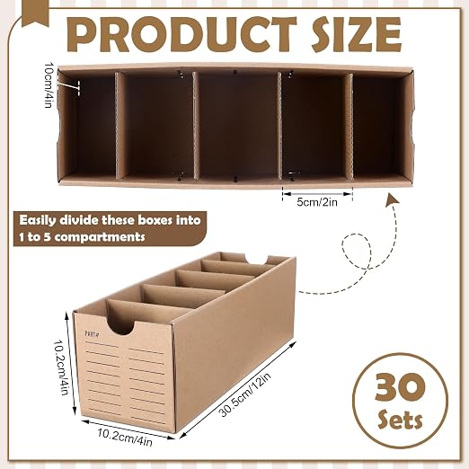 Teenyyou 30 Sets Cardboard Parts Bins Boxes Kraft Cardboard Storage Bins with Dividers for Parts Shelves Stem Project Online Store Inventory Organized(Brown,12 x 4 x 4 Inches) - Image 2