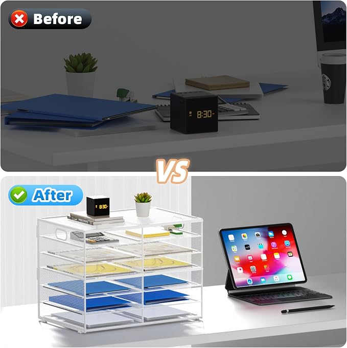 Lavatino 12 Compartments Paper Organizer for Desk, Mesh Literature Organizer, Mail File Sorter Tray with Handle, Desktop Mailbox for Office Classroom Home - White - Image 5