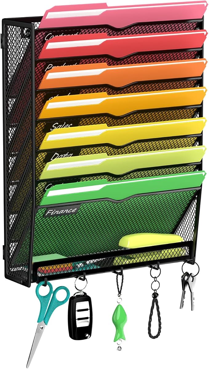 8-Tier Wall File Organizer with Hook, Hanging File Organizer Black | Wall-mounted mail storage holds papers, folders, files, clipboards and magazines, assembly required for office or home use. by Unknown