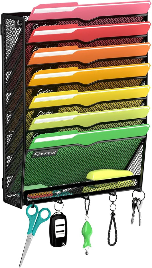 8-Tier Wall File Organizer with Hook, Hanging File Organizer Black | Wall-mounted mail storage holds papers, folders, files, clipboards and magazines, assembly required for office or home use. by Unknown