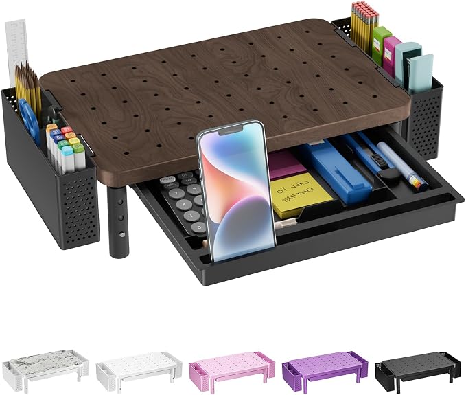 WALI Plastic Computer Monitor Stand with Storage, Desk Organizer with Drawer and Pen Holder, Desk Monitor Riser 3 Height Adjustable, Laptop Riser for Computer, Laptop, Printer(PTT003-C), 1 Pack, Brown by WALI