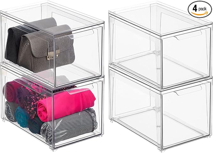 mDesign Plastic Stackable Closet Storage Organizer Bins with Pull Out Drawer for Cabinet, Desk, Shelf, Cupboard, or Dresser Organization - Lumiere Collection - 4 Pack - Clear by mDesign