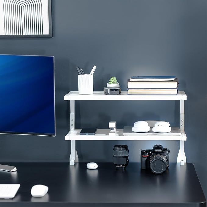 VIVO White Clamp-on 24 inch 2-Tier Desk Shelf, STAND-SHELF24C-W | Above or Below Desk, 2 Level Shelving Unit for Table Accessories, Gaming Devices, and More, Storage Tray, Desktop Organizer - Image 9