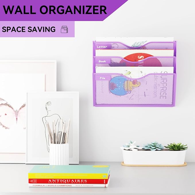 3 Pockets Hanging Wall File Organizer Mail Holder, Wall Mounted Paper Document Folder Holder, Clipboard Storage Organization Magazine Rack, Light Purple - Image 2