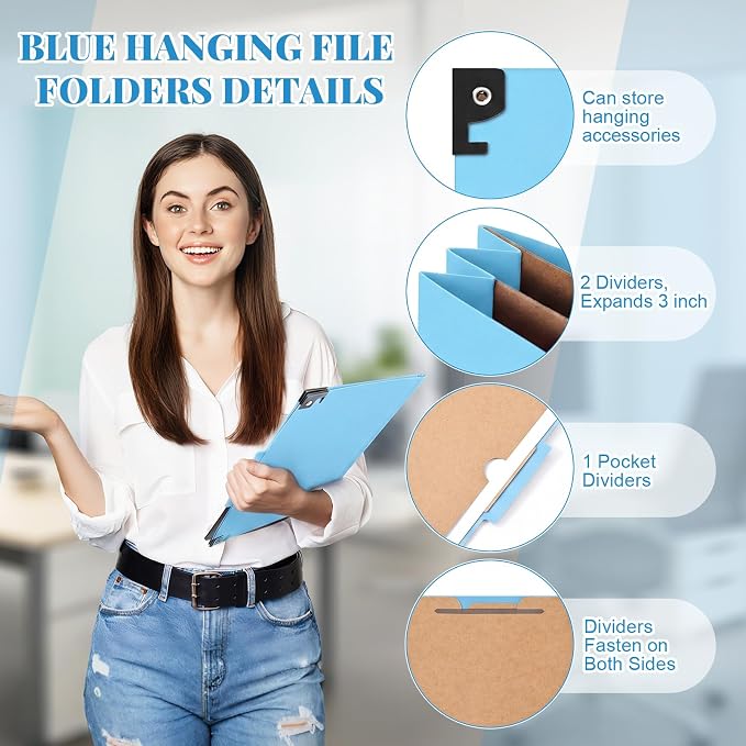 Henoyso 10 Pcs Hanging Classification Folders,2 Pocket Dividers,Light Blue | Letter Size, Hanging File Folders with 2 Pockets, 3" Expansion, 6 Prong Fasteners, 1/3 Tab Cut, 6 Sections, Pressboard Manila - Image 3