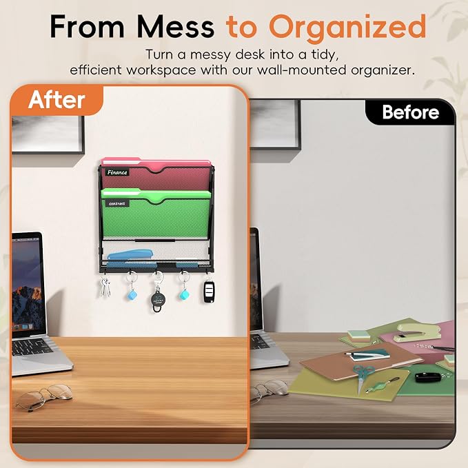 3-Tier Wall File Organizer with Hook, Hanging File Organizer Black | Wall-mounted mail storage holds papers, folders, files, clipboards and magazines, assembly required for office or home use. - Image 6