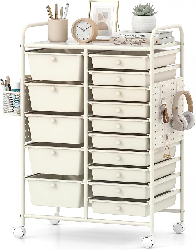 GOFLAME 15-Drawer Rolling Storage Cart with Pegboard, Craft Storage Cart with Lockable Wheels and Metal Frame, Art Cart Supply Storage Organizer for Home Office Classroom, White by GOFLAME