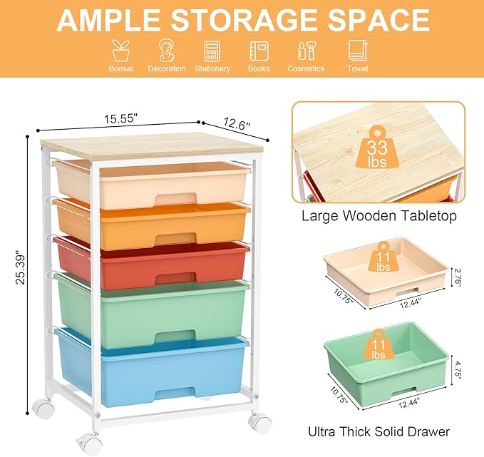 SYKIARIOL Utility Cart with Drawers,5 Drawers Storage Cart,Macaron | 5-Tiers Storage Cart with Drawers with Lockable Wheels for Craft Organizers and Storage,Home Office,Classroom,Dorm,Playroom - Image 3