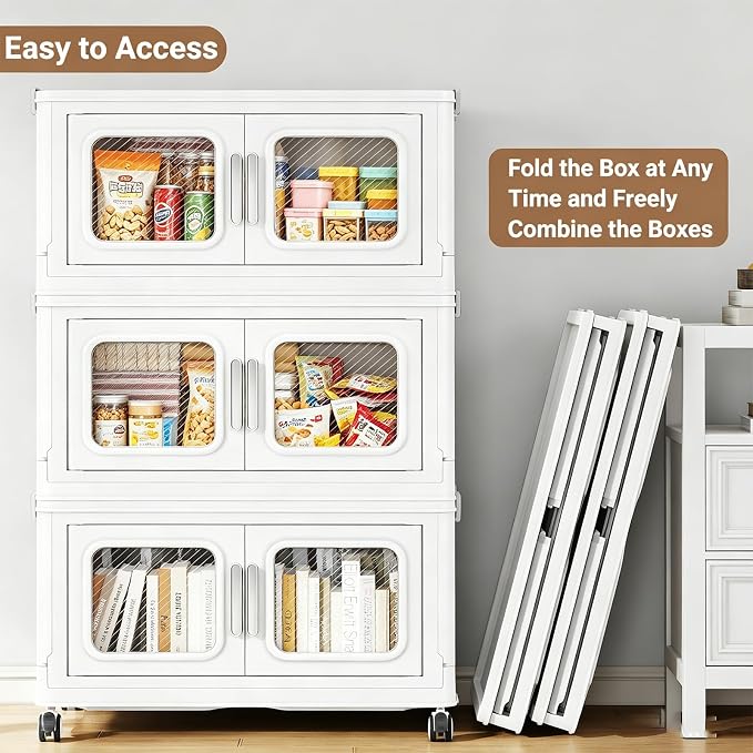 BROVIEW 200 Qt/50 Gal Stackable Storage Bins with Lids, 4 Pack, White | Small Stackable Storage Boxes w/ 4 Lid Folding Plastic Cart Organizer for Home Kitchen, Open Front Clear Door with Wheels - Image 4