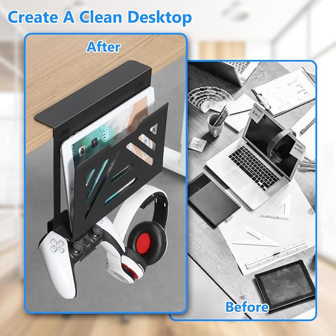 MAXECHO Desk Side Storage, Under Desk Laptop Mount, Table Side Hanging File Organizer, No Drill Clamp On Cable Management Tray, Laptop Holder with 2 Hooks for Office and Home, Load 22 Lbs - Image 5