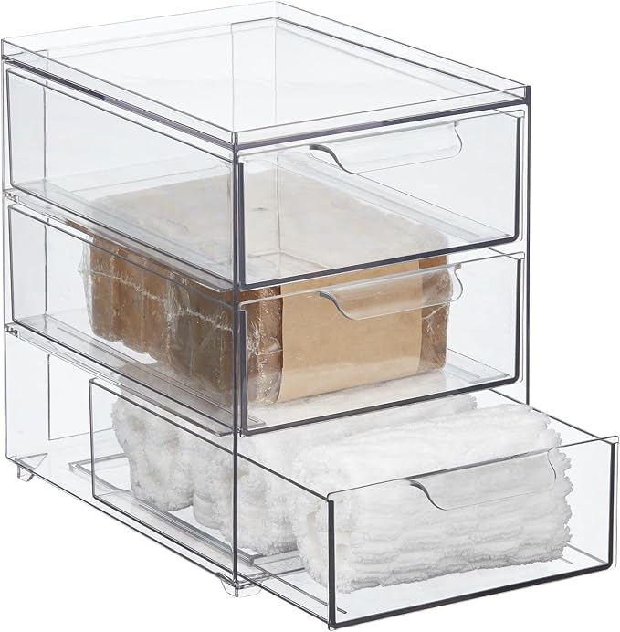 mDesign Plastic Stackable Organizer with 3 Drawers - Pull-Out Drawer Storage Bin for Bathroom Sink/Cabinet Organization - Perfect for Makeup, Small Towels, and More - Lumiere Collection, 4 Pack, Clear - Image 8