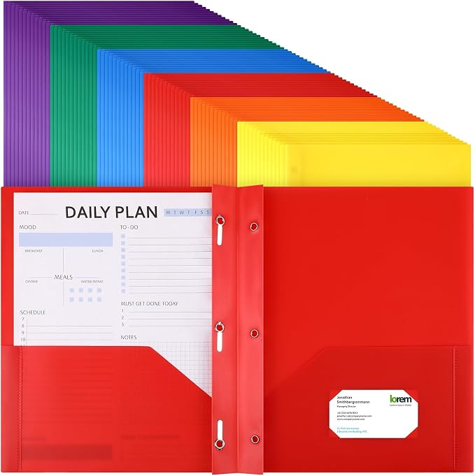 Cholemy 72 Packs Pocket Folders with Prongs Heavy Duty Plastic Folder with Business Card Slot 3 Prong Fasteners for School Office (Classic) by Cholemy