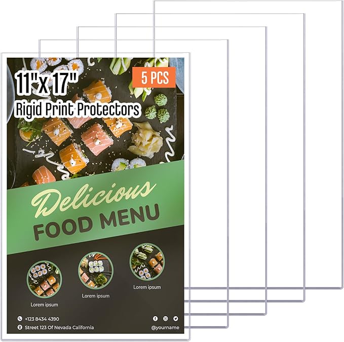 5 Pcs 11" x 17" Rigid Print Protectors, Heavy Duty Hard Plastic Sheet Page Protectors Crystal Menu Holder Clear Poster Sleeve Top Loading Frame for Magazine Photo Paper Poster Prints by Henoyso
